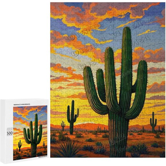 Wooden Jigsaw Puzzle 500 Pieces Cactus Botanical Decor Brain Training Puzzle Game, Decorative Puzzle Art, Gift for Plant Lovers, Finished Size 21 x 15 Inches