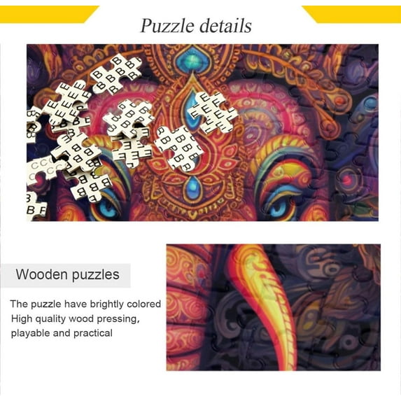 Wooden Jigsaw Puzzle 500 Pieces Ethnic Elephant Portrait Print, Zigsaw with Alphabet Partition Storage Bag Easy to Solve, Fun Family Game Creative Gift for Friends Parents Grandparents