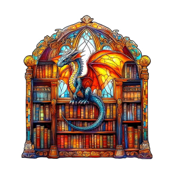 Wooden Jigsaw Puzzle - Dragon in The Library, Unique Animal Shaped Pieces, Family Game & Wall Art Decor