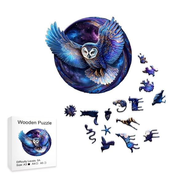 Wooden Jigsaw Puzzle - Galaxy Owl, 28cm Round Irregular Animal-Shaped Pieces, Challenging Family Game for Adults & Kids, Mystical Night Sky Wall Decor