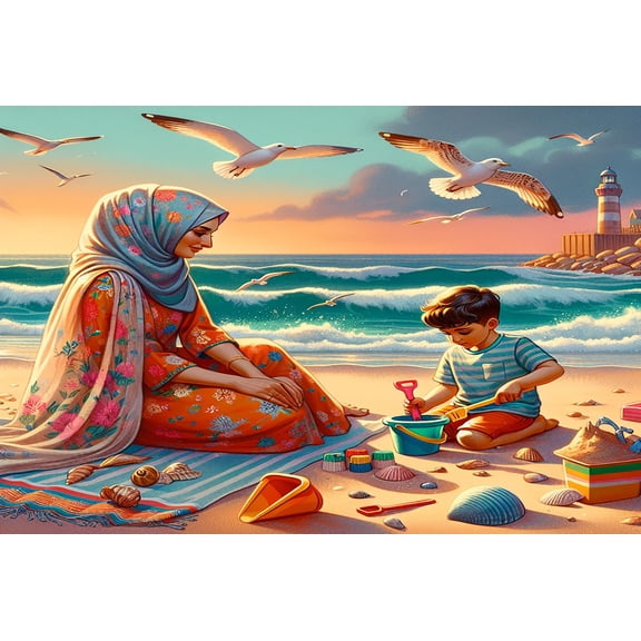 Wooden Jigsaw Puzzles for Adults 300 Piece Family Beach Day With Middle Eastern Mother And Son Challenging Family Leisure Toys Impossible Hard Difficult Game Artistic Diy Puzzles for School Supplies