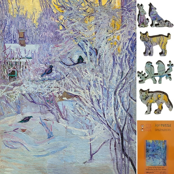 Wooden Jigsaw Puzzles for Adults - Uniquely Shaped Pieces - made in the USA by FoxSmartBox - 190 Pieces - Corner of the House and Bullfinches on the Tree. Winter