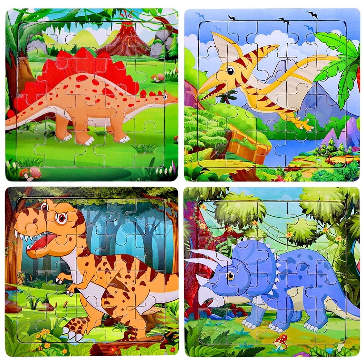 Wooden Jigsaw 20pcs Dinosaur Puzzle for Kids Preschool Educational Learning Toys Set for 2 3 4 Years Old Boys Girls (4 Puzzles)