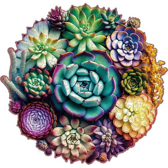Wooden Jigsaw Puzzles - Mandala Succulent Plants, 200 Piece Luxurious Shaped Wooden Puzzles for Adults and Kids, Family Game, Medium 11.3'' x 10.9''