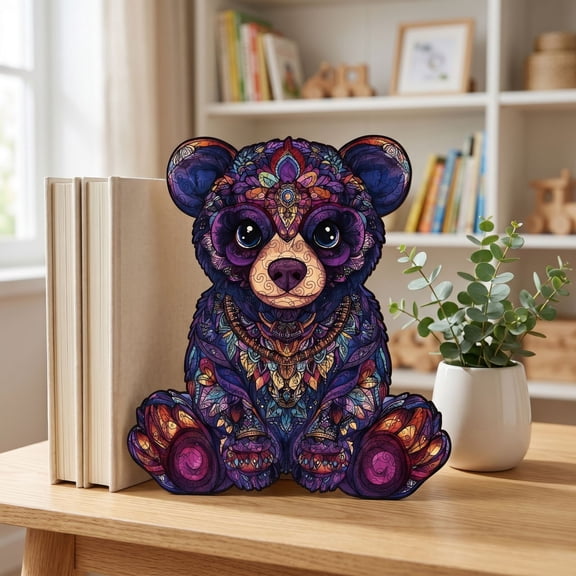 Wooden Jigsaw Puzzles, Stained Glass Puzzle, Bear Puzzle, Fantasy Bear, Intricate Decorative Jigsaw Set Made of Premium Wooden Puzzle Pieces, Measures 12X11X8 in for Quiet Solo