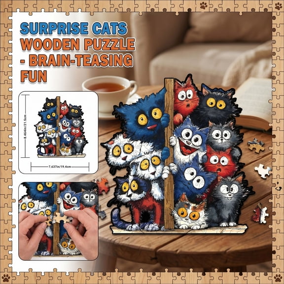 Wooden Jigsaw Puzzles, Wooden Jigsaw Puzzles for Adults, Cat Puzzles for Adults, for Cat Lovers, 8X8 Inch Compact Set Featuring Multiple Cats with Vibrant Colors, Unique Cutouts