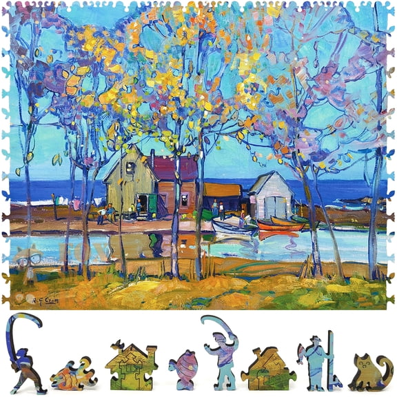 Wooden Jigsaw Puzzles for Adults - Uniquely Shaped Pieces - made in USA by FoxSmartBox - 255 Pieces - Fishermen's Cottages