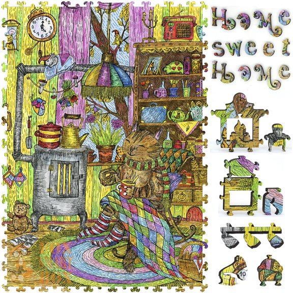 Wooden Jigsaw Puzzles for Adults - Uniquely Shaped Pieces - made in USA by FoxSmartBox - 350 Pieces - Home, Sweet Home