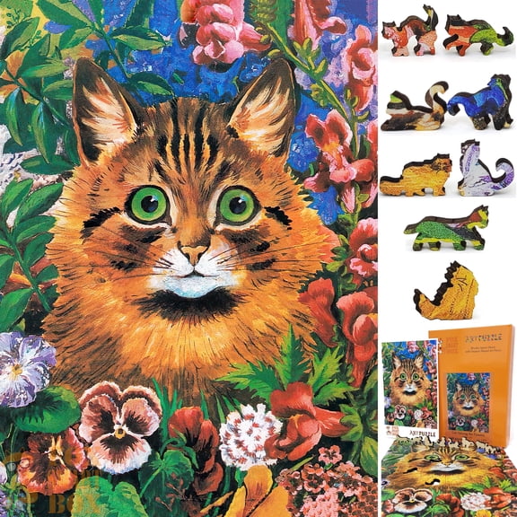 Wooden Jigsaw Puzzles for Adults - Uniquely Shaped Pieces - made in the USA by FoxSmartBox - 240 Pieces - Cat Among the Flowers