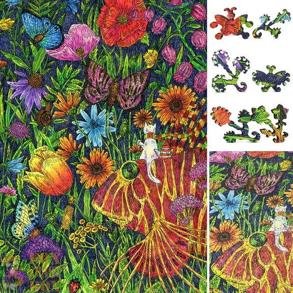 Wooden Jigsaw Puzzles for Adults - Uniquely Shaped Pieces - made in the USA by FoxSmartBox - 355 Pieces - Journey to the Flowerland