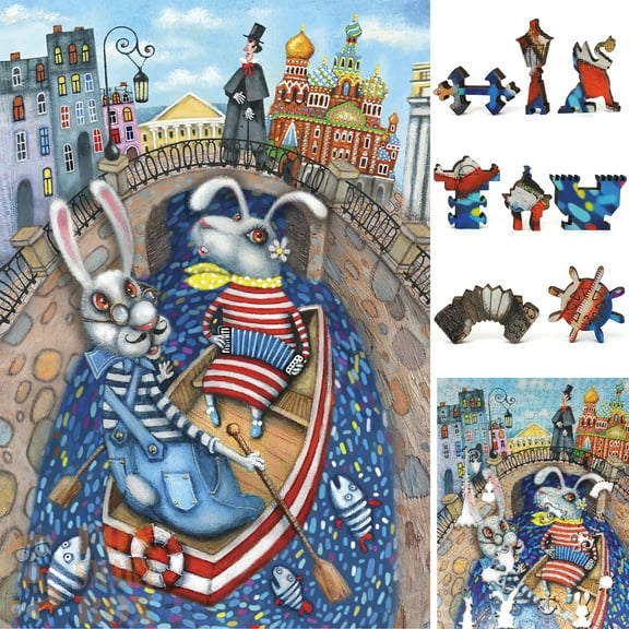 Wooden Jigsaw Puzzles for Adults - Uniquely Shaped Pieces - made in the USA by FoxSmartBox - 405 Pieces - Lovers on the River