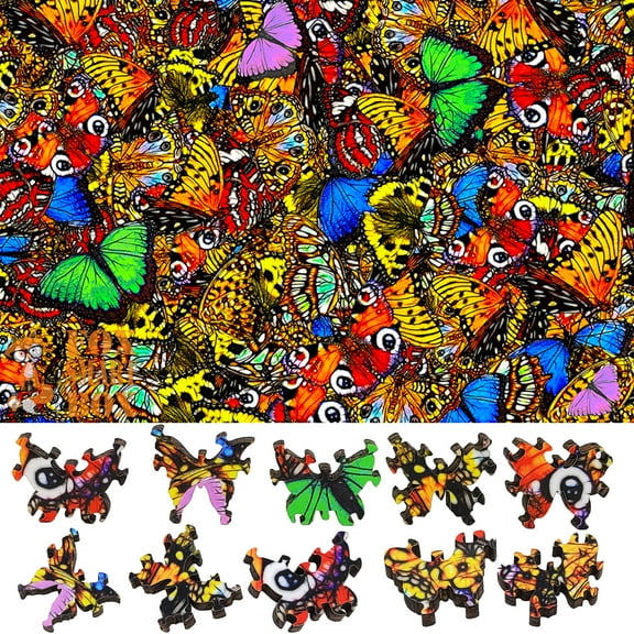 Wooden Jigsaw Puzzles for Adults with Uniquely Shaped Pieces - made in USA by FoxSmartBox - 216 Pieces - Challenge. Butterflies