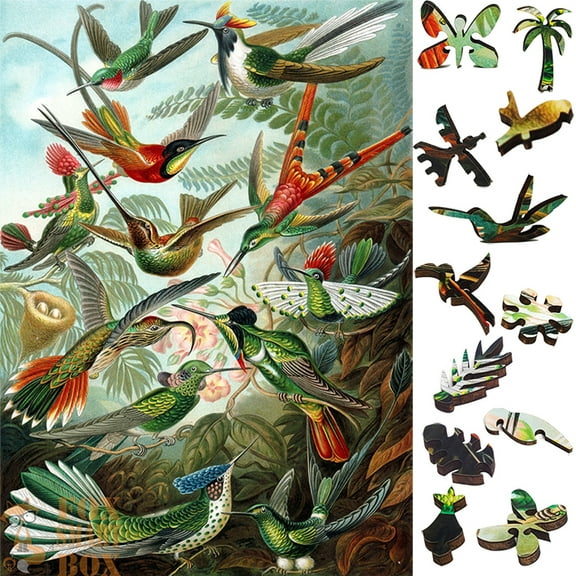 Wooden Jigsaw Puzzles for Adults with Uniquely Shaped Pieces - made in USA by FoxSmartBox - 267 Pieces - Hummingbirds