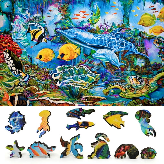 Wooden Jigsaw Puzzles for Adults with Uniquely Shaped Pieces - made in USA by FoxSmartBox - 333 Pieces - Sea World