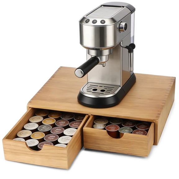 Wooden Coffee Pod Storage Box with 2 Drawers, Wood Coffee Pods and Tea Organizer Holder, Pod Drawer Coffee Maker Machine Stand for Countertop, Home Office Coffee Bar