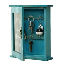 Wooden Key Box, Retro, Wall, Key Cabinet with Magnetic Door, Durable Solid Wood Storage with 6 Hooks-A Blue