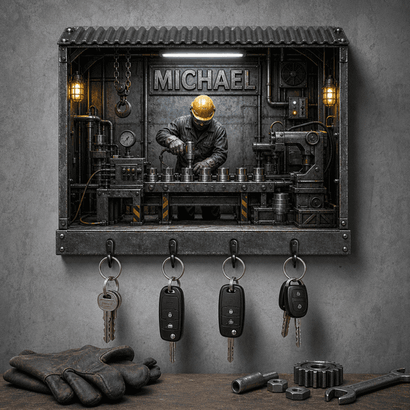 Wooden Key Hanger Industrial Worker Personalized Key Rack for Entryway Factory Worker Gift