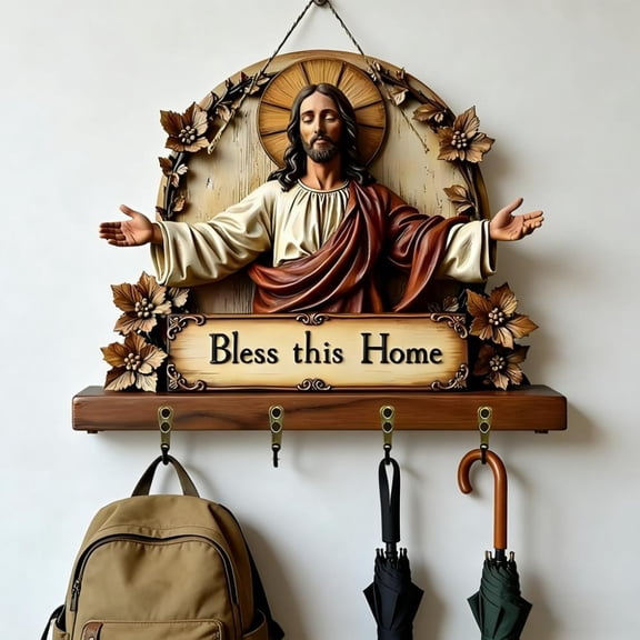 Wooden Key Hanger with Guardian Angel Design and This Home Message, 4 Hooks Wall Mounted Organizer for Keys and Bags, Religious Entryway Decor for Housewarming Gift