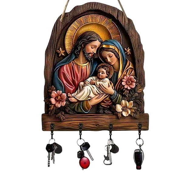 Wooden Key Holder, Christmas Nativity Scene Wall Key Holder, Decorative Wall Mounted Key Rack with 4 Hook, 2D Flat Communion Themed Wooden Multifunctional Home Holder, 11.8 x 9.8 inch