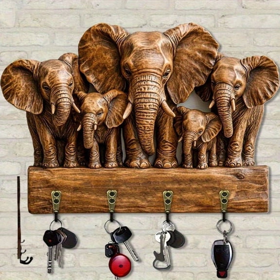 Wooden Key Holder - Decorative Wall Mounted Elephant Key Organiser with 4 Hook - Key Rack for Kitchen, Office and Entryway Decor (11.8"x 9"x 0.2''- Brown)