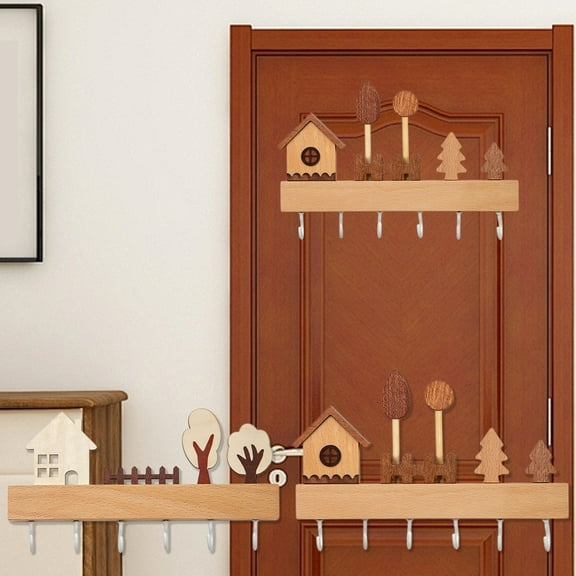 Wooden Key Holder Rack | Punch-Free Wall Mount Entryway Organizer | Thick Solid Wood Construction | Decorative Cartoon Design | Khaki/White | 22x16x4cm | 1pc