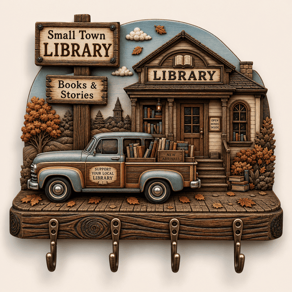Wooden Key Holder Wall Decor, Small Town Library Key Hook with 4 Hooks Gift 2D flat not 3D