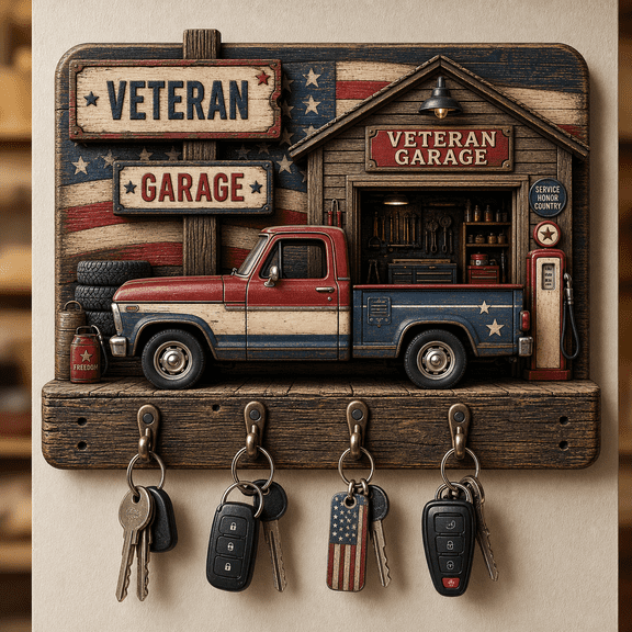 Wooden Key Holder Wall Decor, Veteran Garage 4 Hook Key Rack Gift 2D flat not 3D