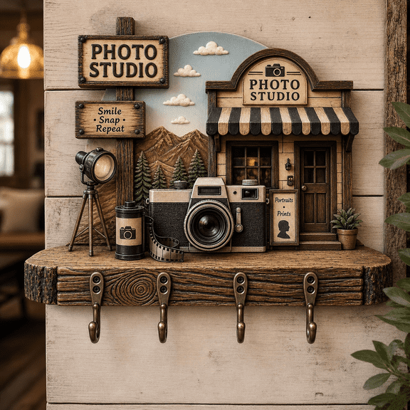 Wooden Key Holder Wall Decor for Photography Studio, Photo Studio Camera Sign 4 Hooks 2D flat not 3D