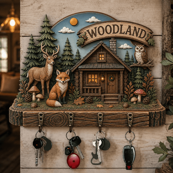 Wooden Key Holder Wall Decor with 4 Hooks, Woodland Cabin Entryway Organizer 2D flat not 3D