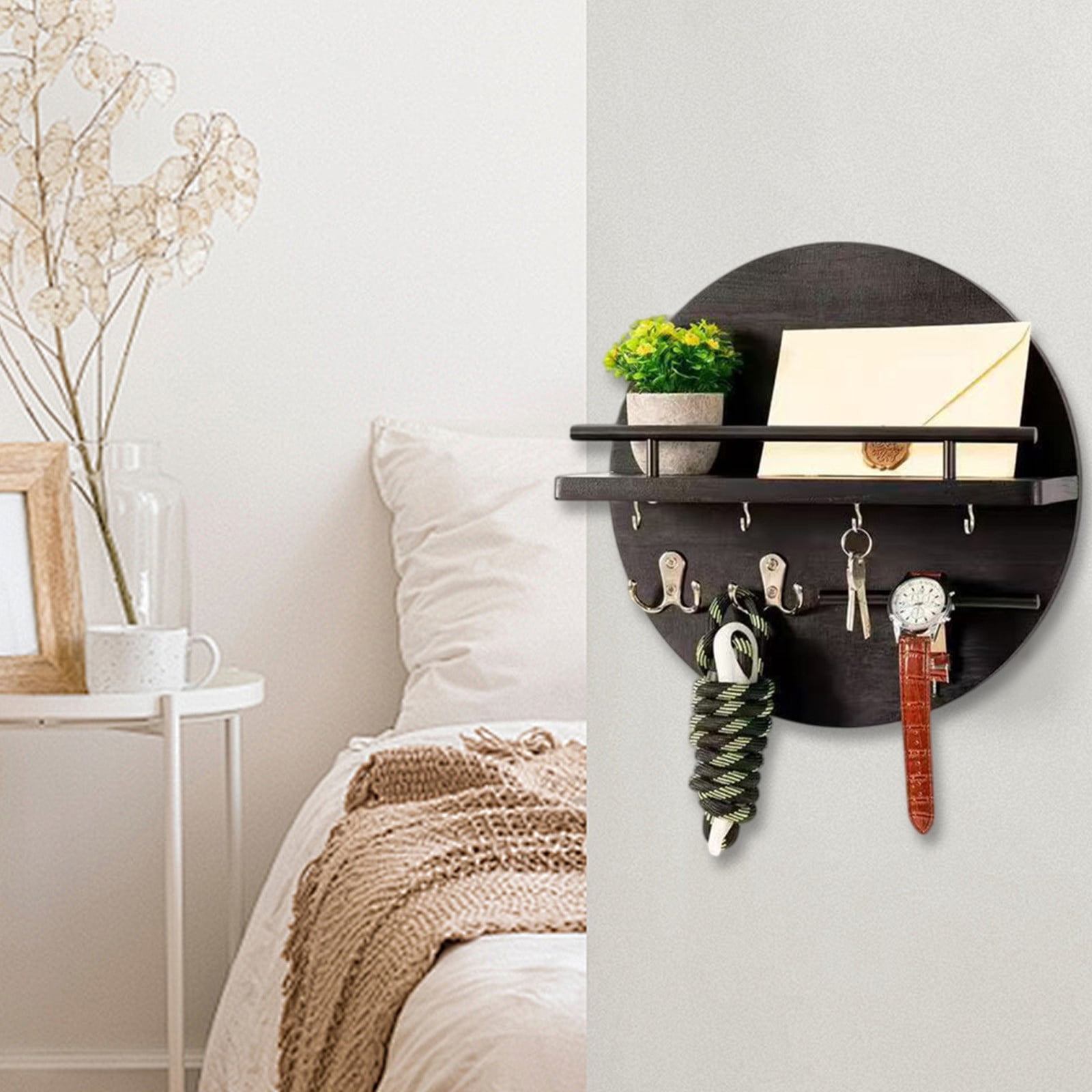 Wooden Key Holder for Wall Decorative with Shelf and Hooks, Mail ...
