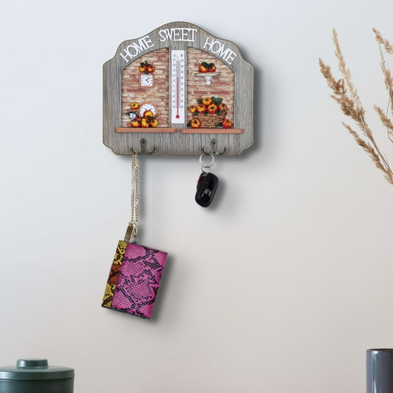 Wooden Key Holder With Thermometer, 2 Double Hooks for Entrance Hallway, Vase Design