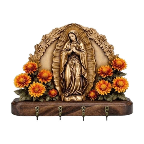 Wooden Key Rack - Exquisite Our Lady of Guadalupe Design - Functional 4-Hook Organizer for Home Entryways