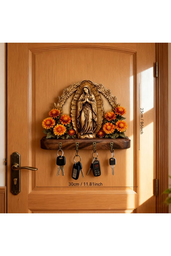 Wooden Key Rack With Our Lady Of Guadalupe Decorative Flowers Wall Mount 4 Hook Entryway Organizer Religious Home Room Hallway Storage Durable Art Accent Daily Keychain Hanging Gift