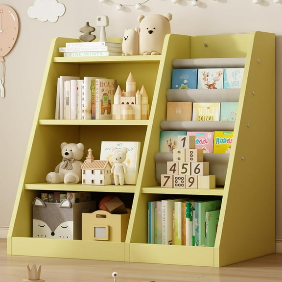 Msutree Wooden Kids Bookshelf, Toy Storage Organizer Cabinet for Kids Room or Playroom, 4-Tier Montessori Bookshelf for Kids, Toddler Bookshelf Baby Bookcase with Sling Book Rack, Yellow