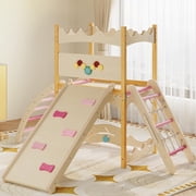 Wooden Kids Climbing Toys,6-in-1 Indoor Jungle Gym - Wooden Montessori Climbing Set with Slide,Climbing Rock & Net,Ladder,Rest Area,and Circle Labyrinth - Indoor Playground Climber Set for Toddlers