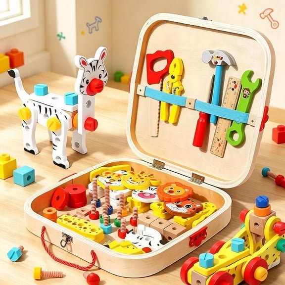 Wooden Kids Construction Tool Set with Building Blocks, Toddler Montessori Toy with Screwdriver Nuts Bolts, Educational Fine Motor Skills Toy, Birthday Gift for Boys Girls Ages 3 4 5 6 Years Old