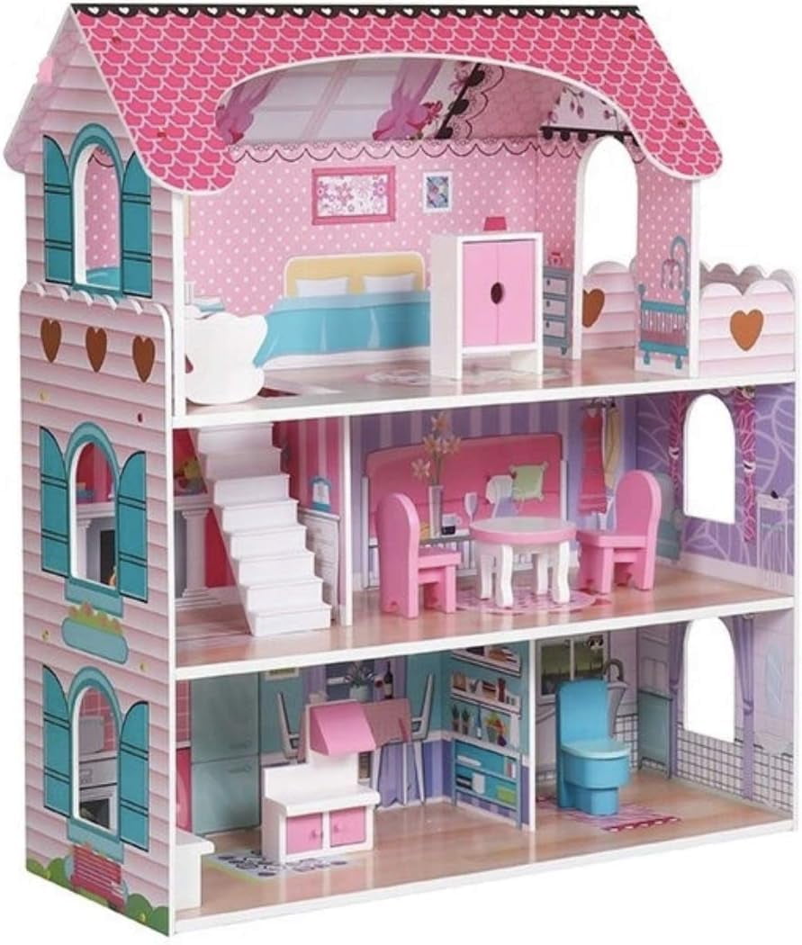 Wooden Play Set Girls Toy Gift Play Cottage Penthouse Doll House Set for Aged 3 Years+ (Design 2)