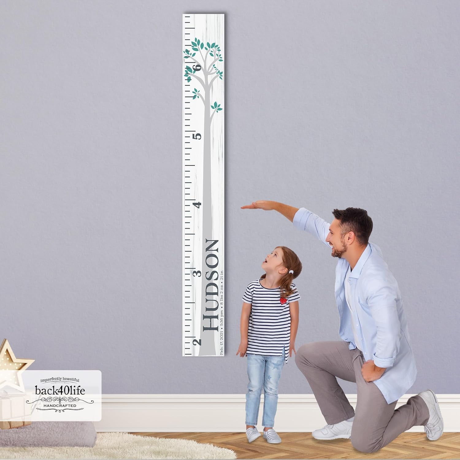 Wooden Growth Height Chart Ruler For Kids - Handmade Painted Design (The Williams) By Back40Life