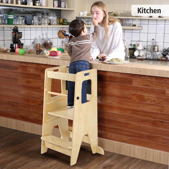 Wooden Kids Kitchen Step Stool with Blackboard & Safety Rails, Adjustable Montessori Toddler Learning Helper, Multifunctional Step Stool for Kitchen & Bathroom (Natural Wood)
