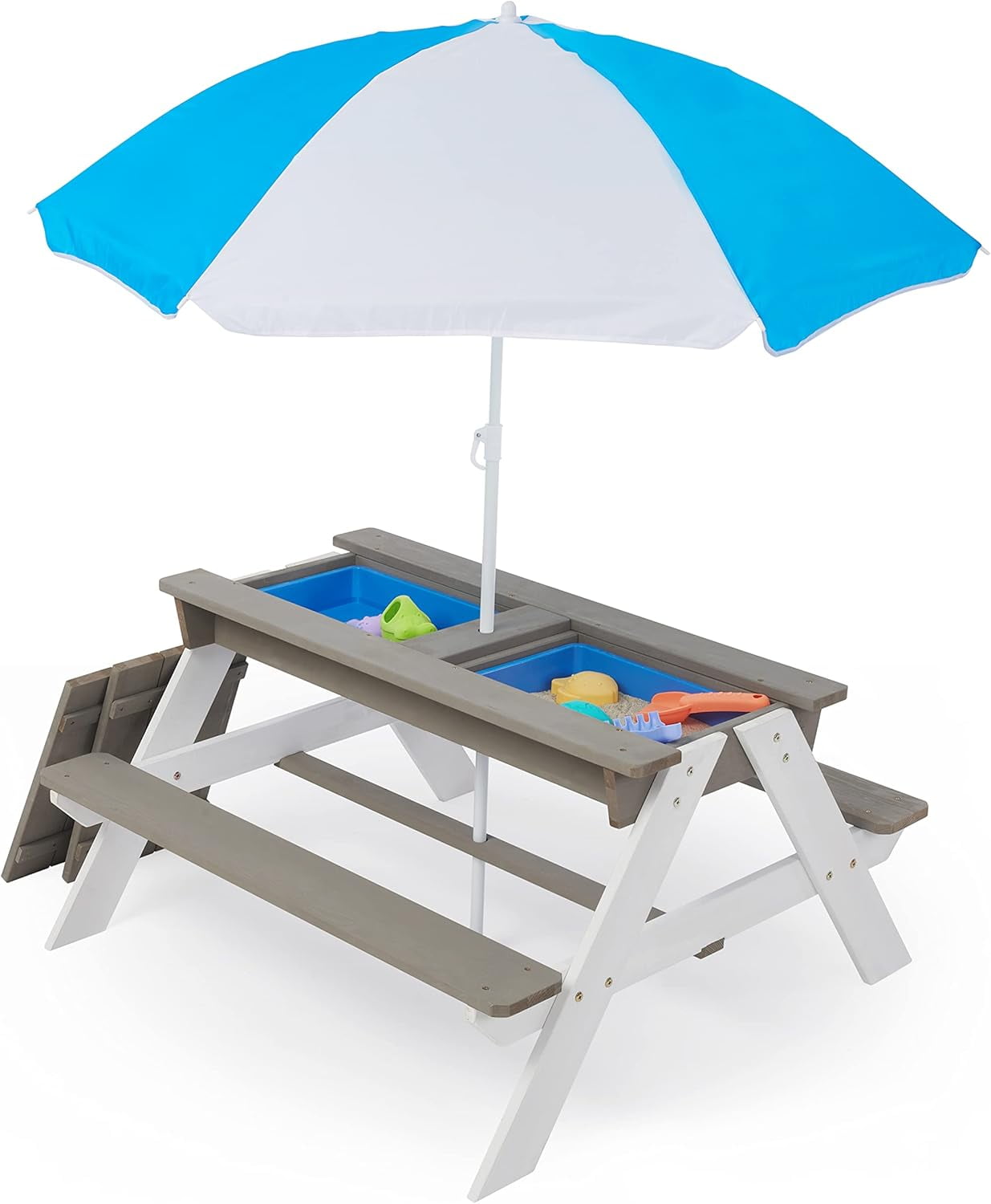 Wooden Kids Picnic Table, Sand and Water Table with Umbrella, Activity Table for Outdoor ...