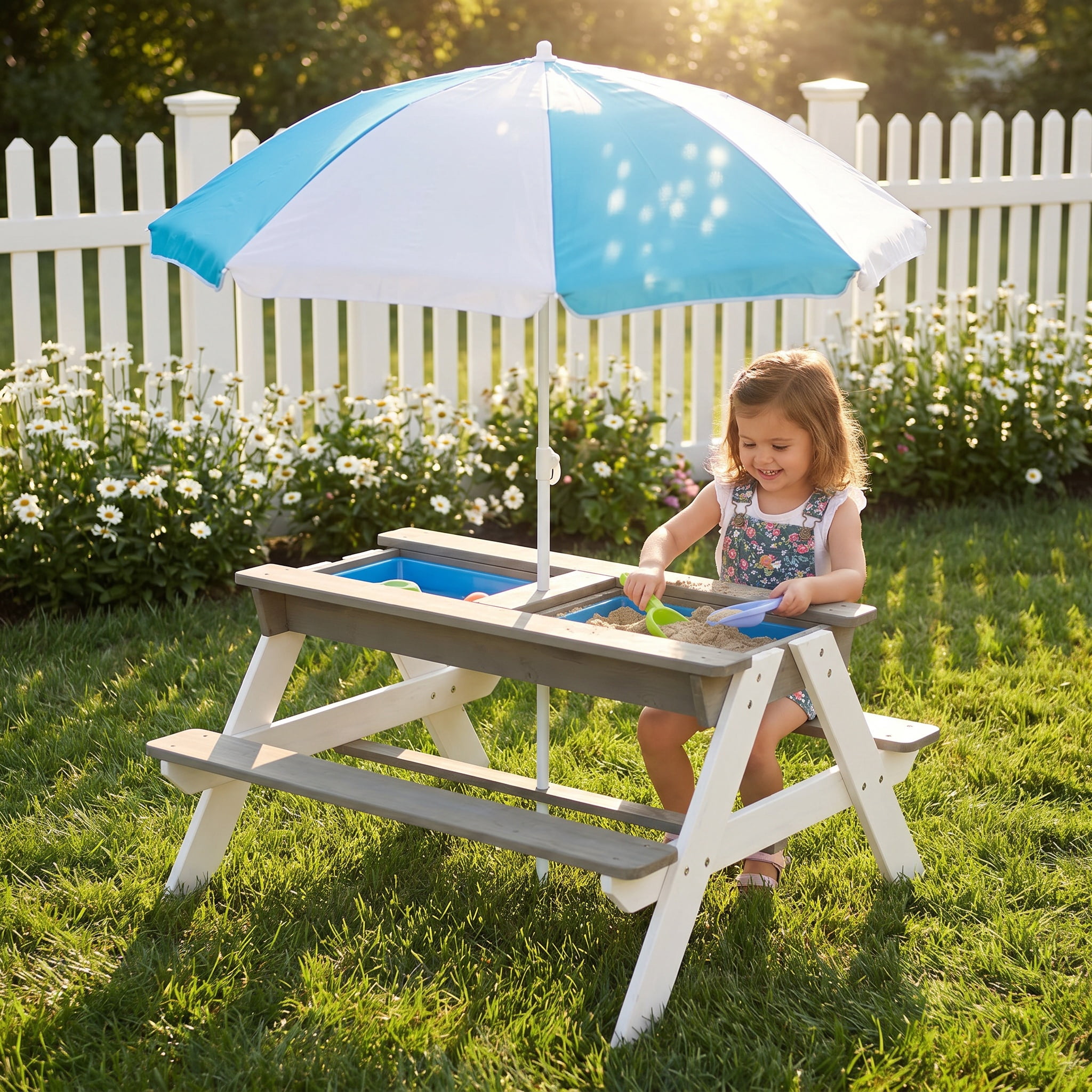 Wooden Kids Picnic Table, Sand and Water Table with Umbrella, Activity Table for Outdoor Backyard Patio Play