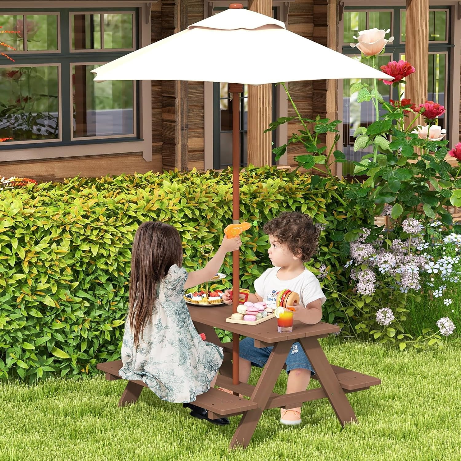 Wooden Kids Picnic Table with Folding Umbrella Outdoor Table Bench Set for Toddlers Ideal Gift for Boys and Girls Walmart