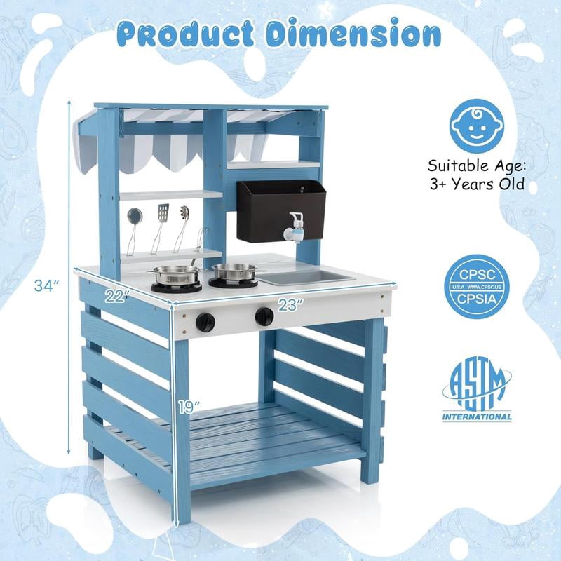 OLLIKIVI Wooden Mud Kitchen For Kids Outdoor - Play Kitchen With Sink, Faucet & Accessories For Garden Play