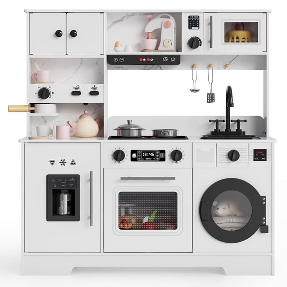 Wooden Kids Play Kitchen Toy Set with Integrated Coffee Bar, Realistic Cooking Stove, Oven, Washing Machine & Sink, Large Toddler Kitchen Playset with 11 Accessories for Ages 3+