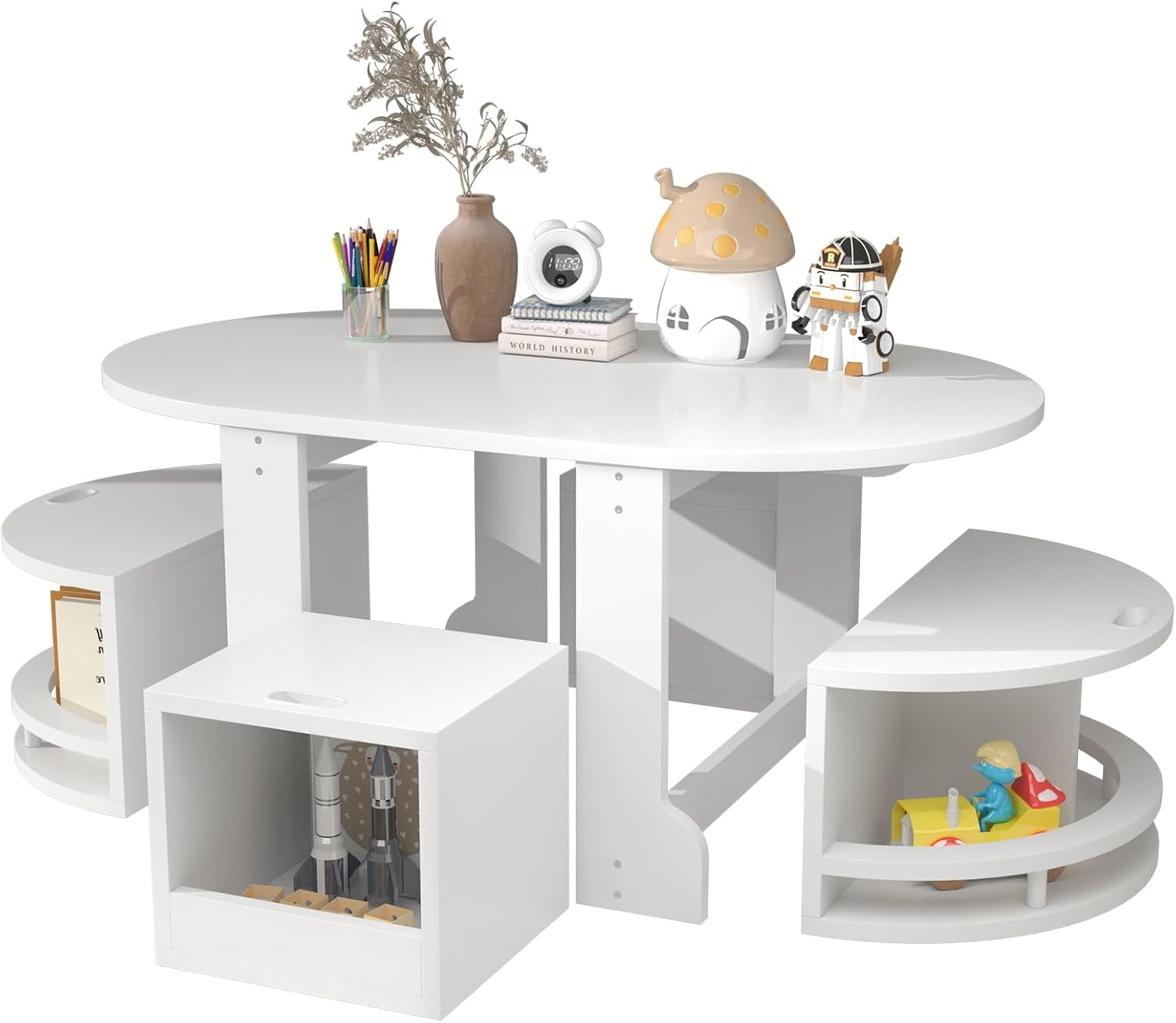 Wooden Kids Play Nesting Table and Chair Set with 4 Storage Stools, Oval Shaped Nesting Design ...