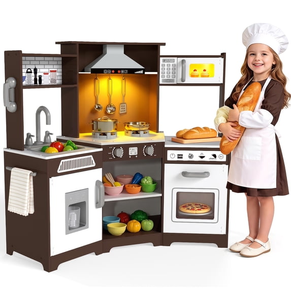 Wooden Kids Pretend Play Corner Kitchen Set Cooking Playset Toddler Toy Gift with Sounds & Lights(Brown)