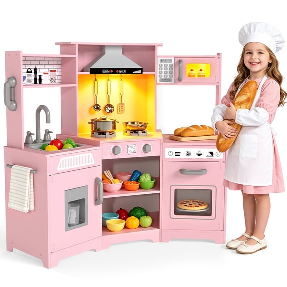 Wooden Kids Pretend Play Corner Kitchen Set Cooking Playset Toddler Toy Gift with Sounds & Lights(Pink)