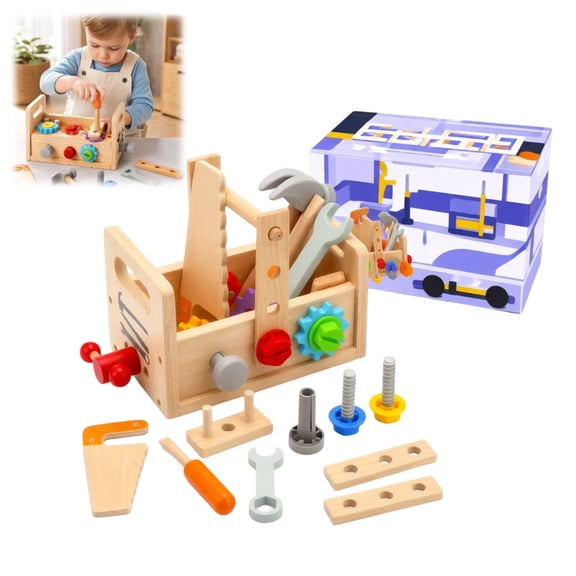 Wooden Kids Pretend Play Tool Set, Toddler Construction Builder Tool Box with Screws, Nuts & Gears, Disassemble Repair Toy for Fine Motor Skills, Birthday Holiday Gift for 25 Years Old Boys Girls