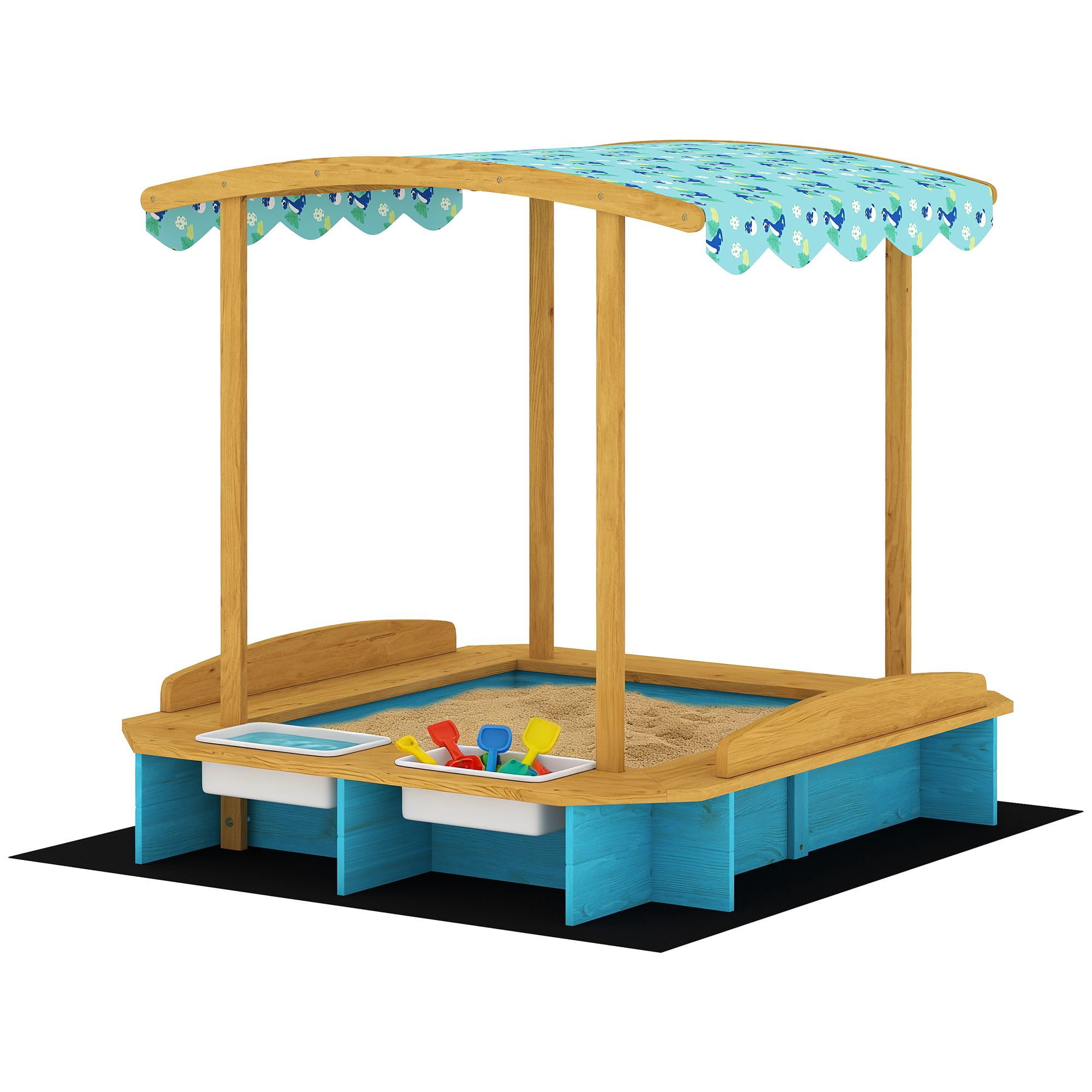 Wooden Kids Sandbox with Dinosaur Print Canopy, 3-Sided Bench Seats for 6 Children, Removable Storage Boxes Bottom Liner Fir Wood Outdoor Sand Play Pit for Backyard Ages 3-6 Blue