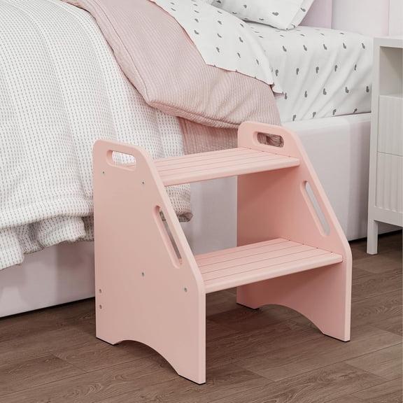 Wooden Kids Step Stool, 15.75'' H Potty Training Toddler 300 lbs Capacity with Safety Non-Slip Pads and Handles, Kitchen Step Stools for Kids, Bamboo Step Stool for Bathroom, High Beds (Pink)